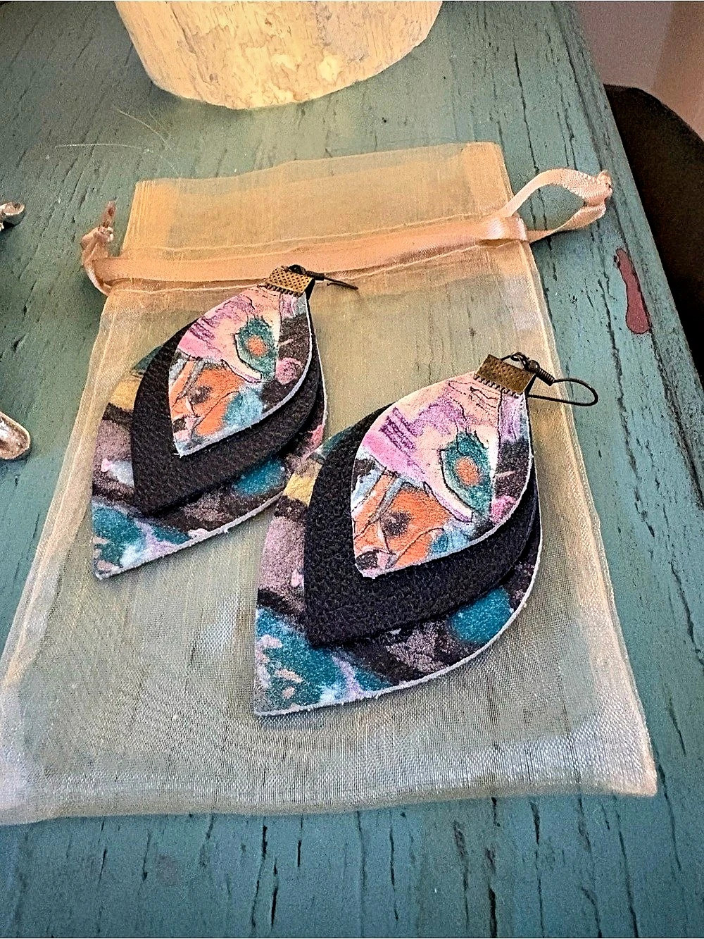 Abstract Multicolor & Black Drop Earrings - from Eleven10Leather 3” inches